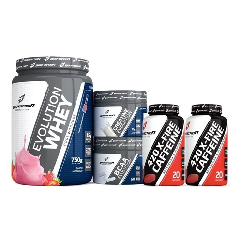 Kit Evolution Whey Creatina Bcaa 2x Cafeína Body Action em Promoção