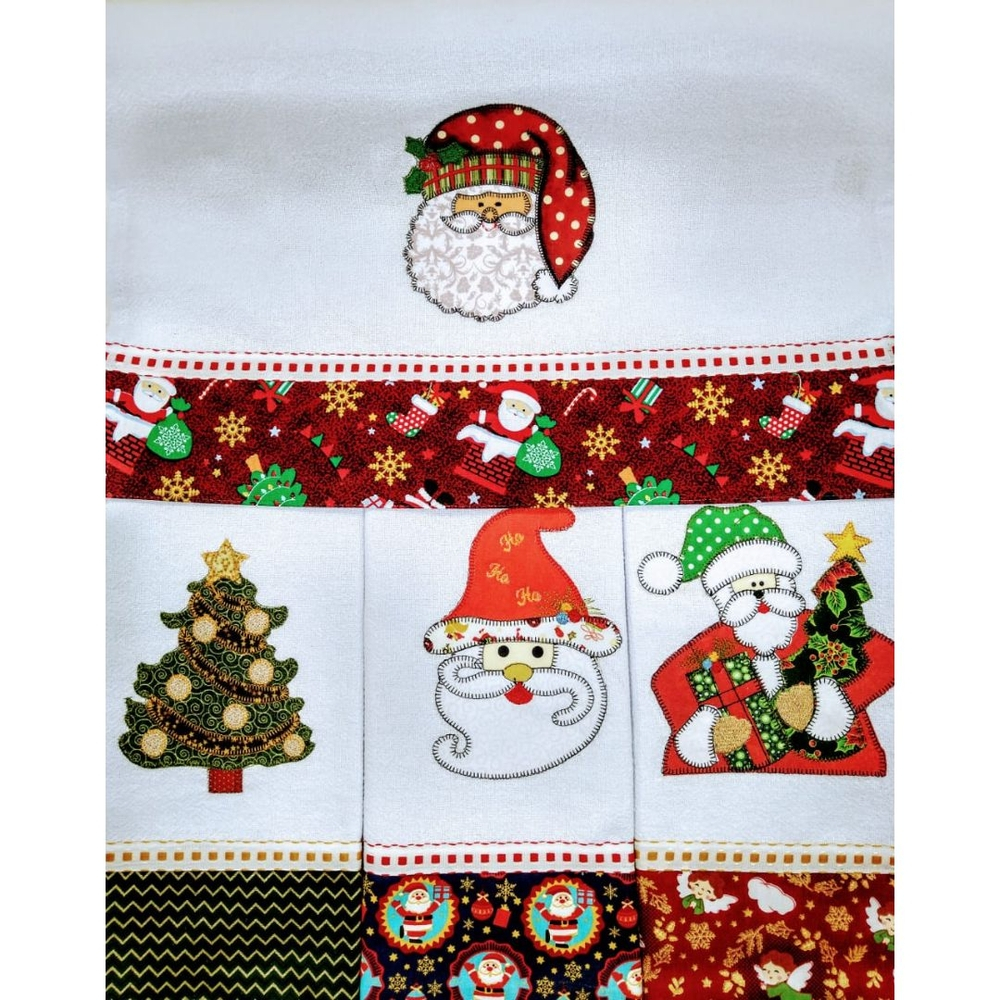 Kit Panos De Prato Bordado Patchwork Barrado E Bainha Natal Submarino