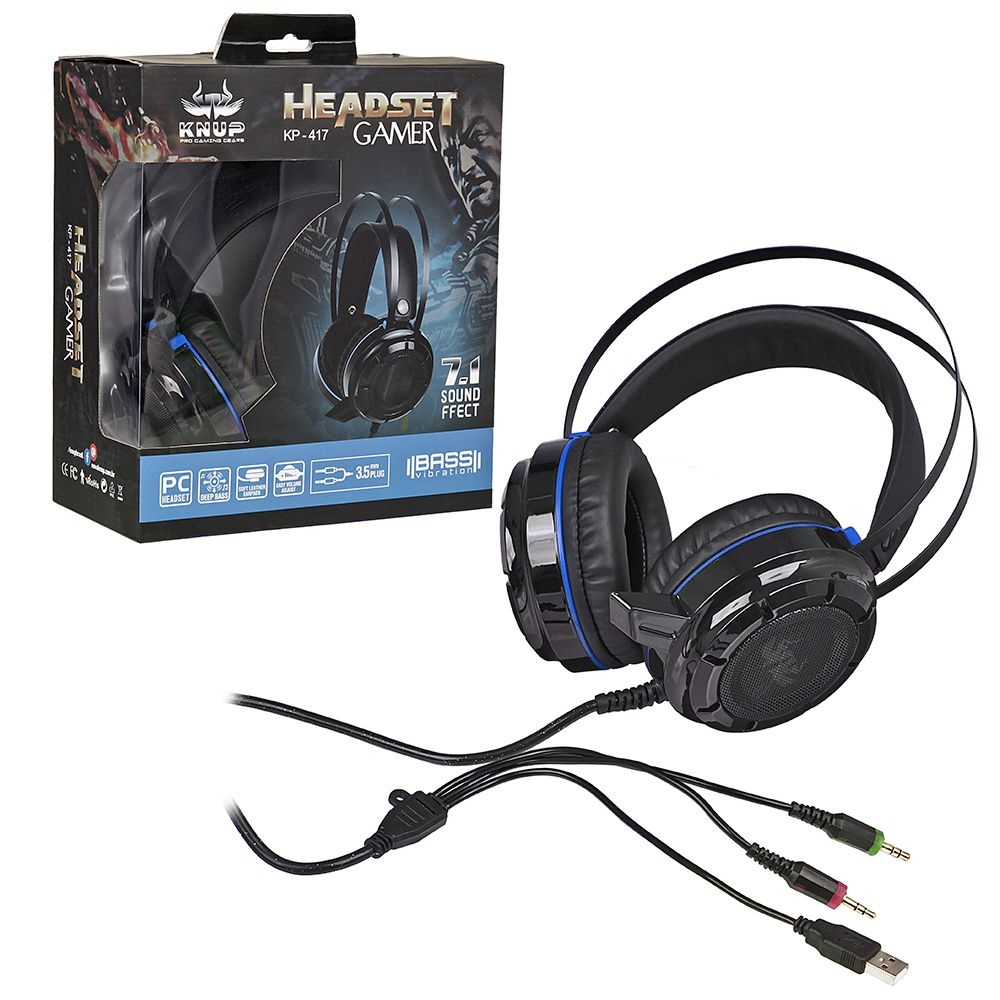 Headset Gamer Microfone Azul E Preto Ilumina O Usb P