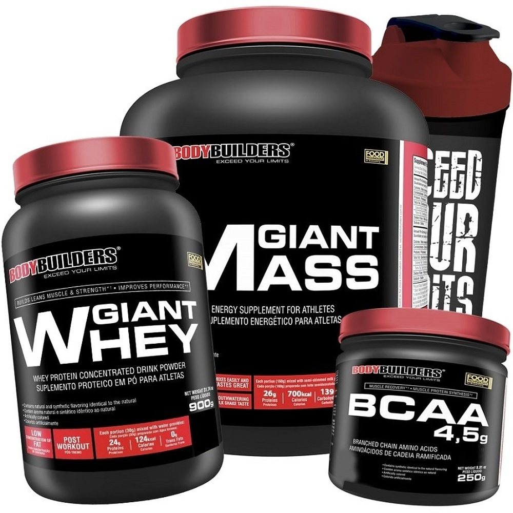 Kit Hipercalorico Giant Mass Whey Protein Bcaa Coqueteleira Em