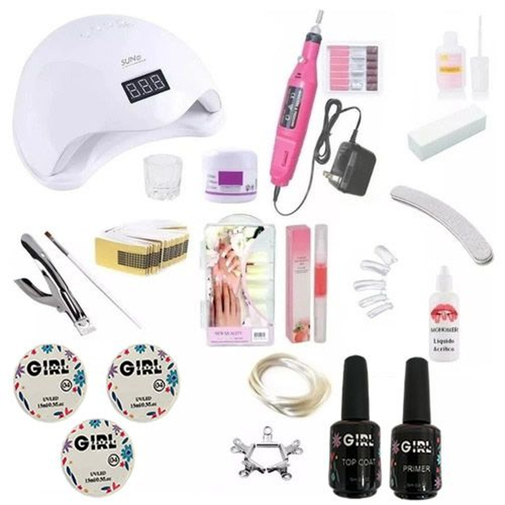 Kit Unhas Gel Acrigel Fibra Porcelana Cabine Led Sun5 Bivolt Completo