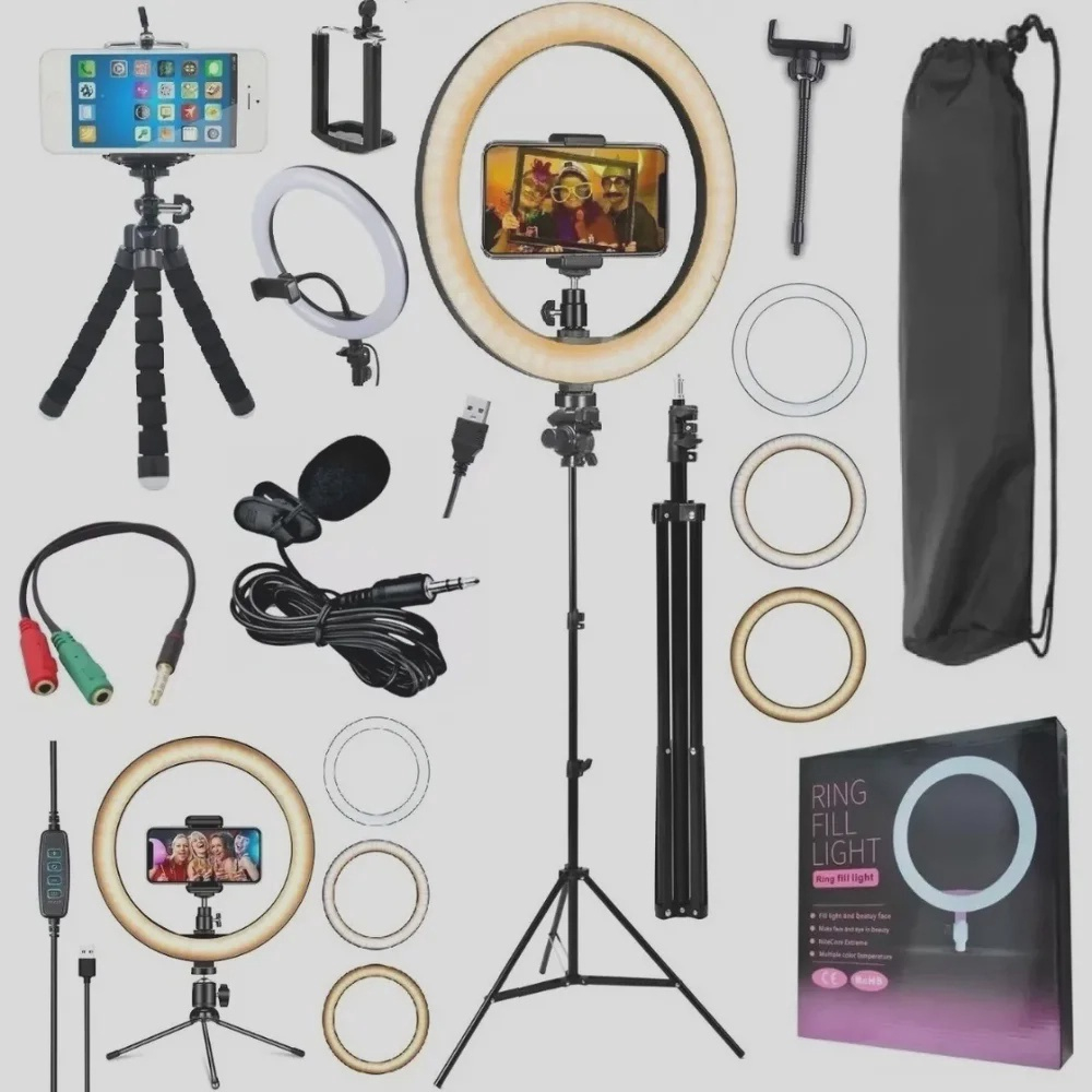 Kit Youtuber Profissional Microfone de Lapela Tripé Pedestal Ring