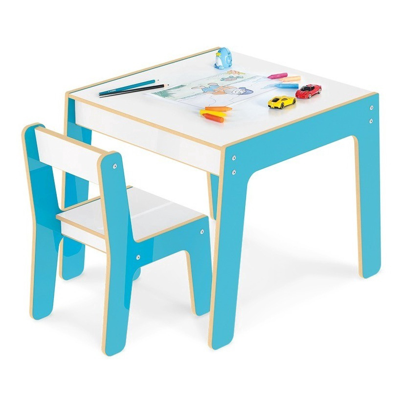 Conjunto Mesa Infantil Em Madeira Cadeira Azul Mesinha Didatica