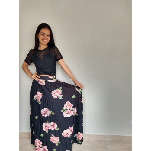 Saia longa floral feminina plissada moda evangélica em Promoção