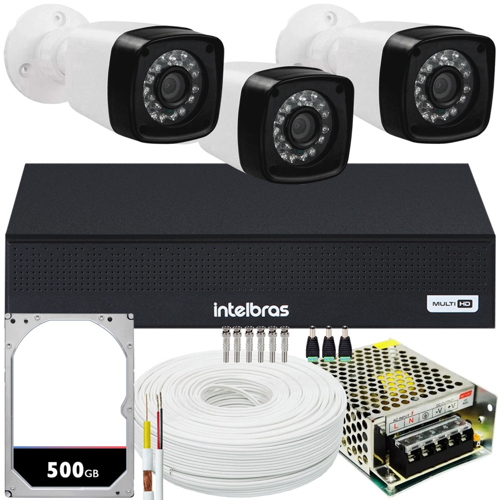 Kit dvr Intelbras 4 canais H 265 3 câmeras Full HD 20 metros Submarino