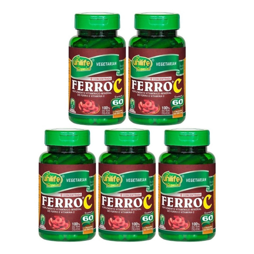 Kit 5 Ferro Vitamina C 60 Cápsulas 500mg Unilife Submarino