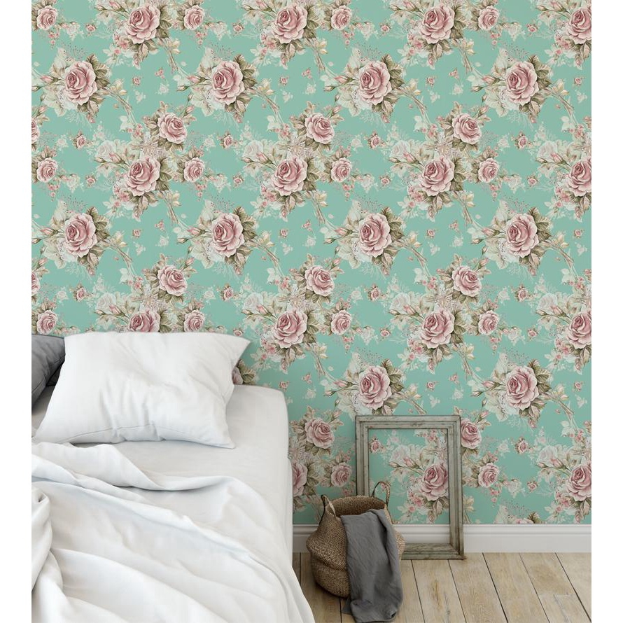 Papel De Parede Floral Rosa Verde Fundo Azul Turquesa Em Promo O