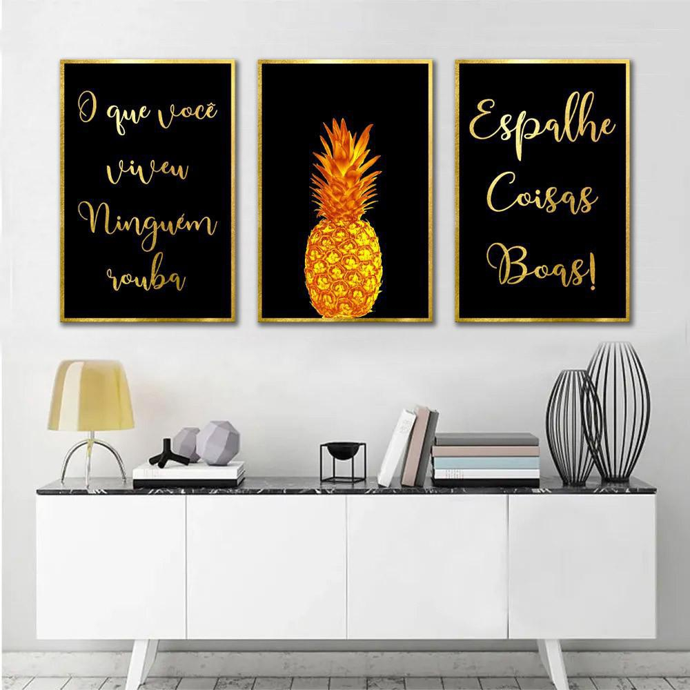 Kit Quadros Decorativos Frases Motivacionais Dourado No Shoptime