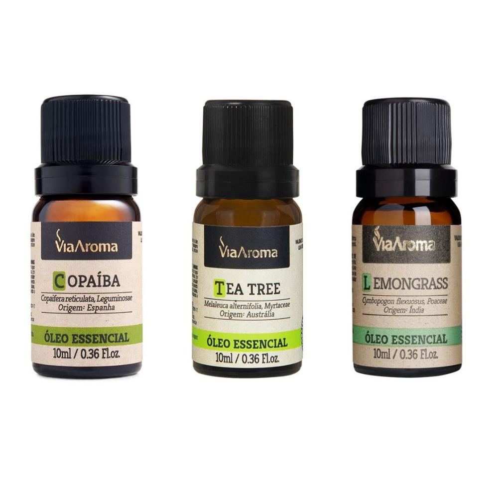 Kit 3 óleos essenciais copaíba lemongrass E tea tree melaleuca 10ml