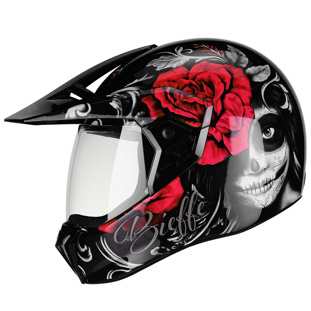 Capacete Moto Bieffe 3Sport Caveira Senorita Preto Brilhante Vermelho