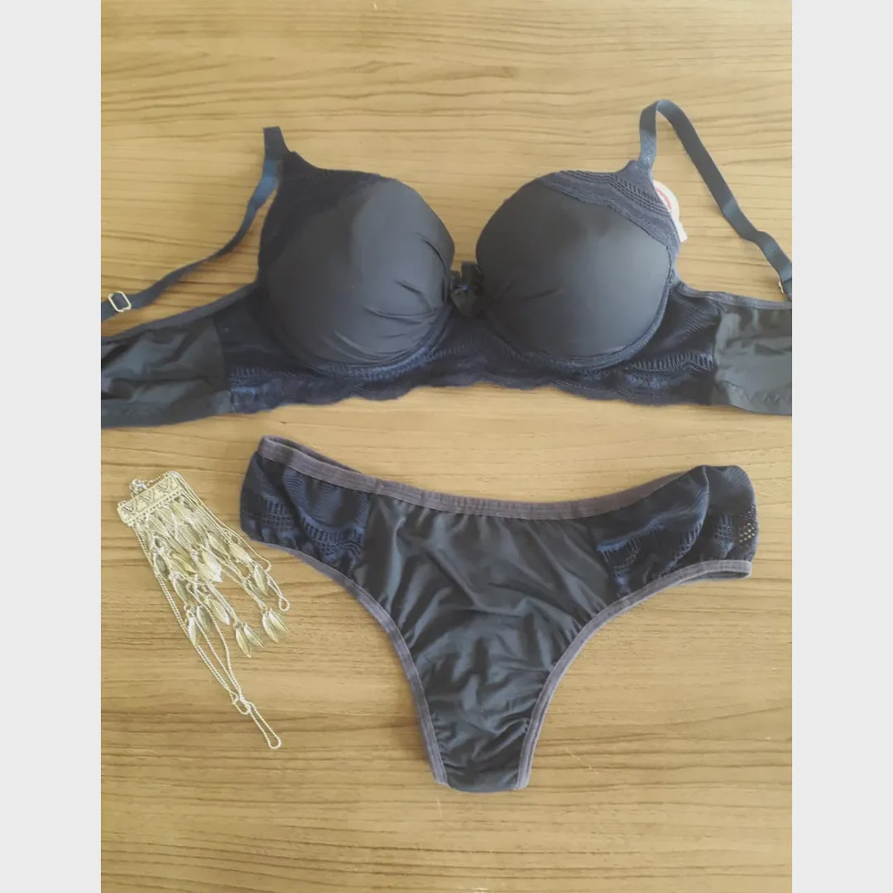 Conjunto Lingerie Suti Bojo Calcinha Fio Duplo Azul Marinho