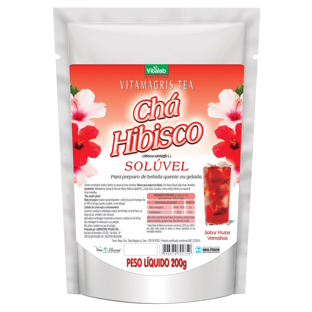 Chá de Hibisco Solúvel Vitalab Sabor Frutas Vermelhas 200g em