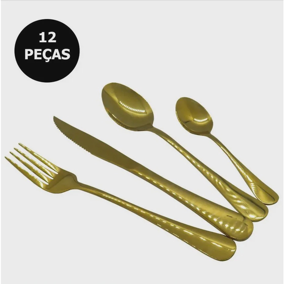 Jogo de Talheres Conjunto 12 Peças Luxo Dourado Jantar Cozinha Mesa