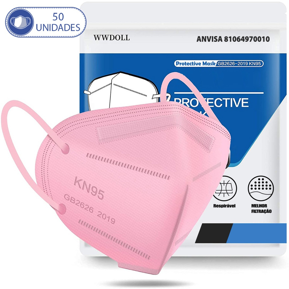 50 Máscaras Descartáveis KN95 WWDoll 5 Camadas Anvisa Rosa Submarino