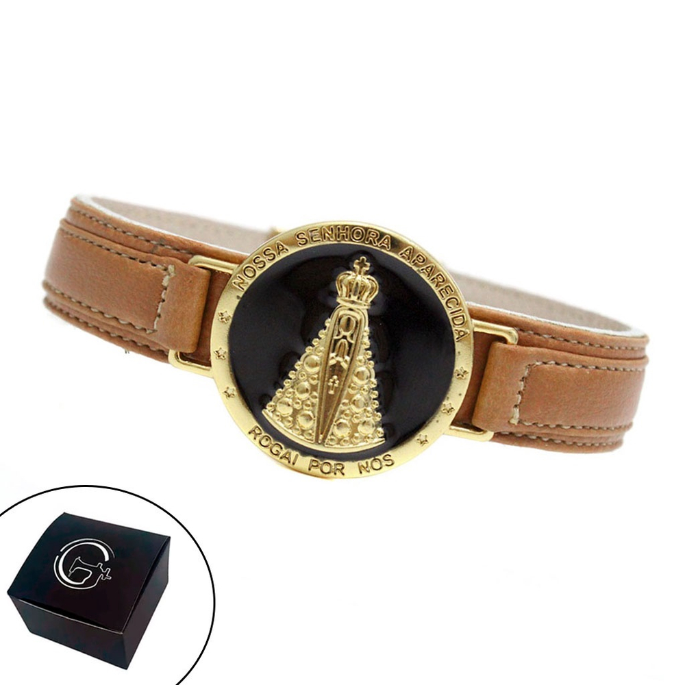 Pulseira De Couro Magn Tica Masculina Feminina Caramelo Nossa Senhora