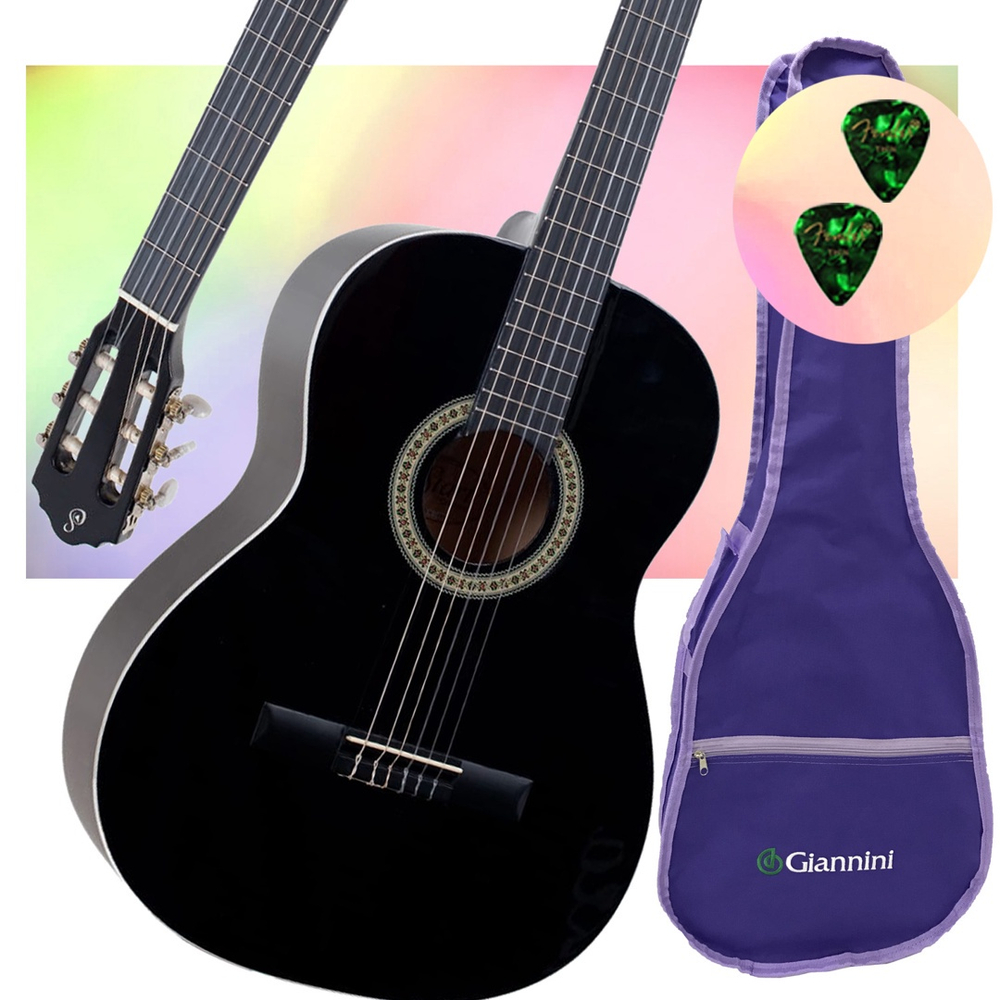 Kit Violão Giannini Acústico Nylon N14 bk Preto Capa Lilás Submarino