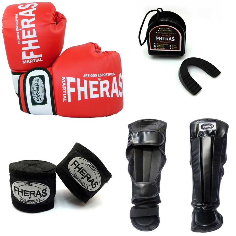 Kit Muay Thai Fheras Luva Bandagem Bucal Caneleira 10 oz em Promoção