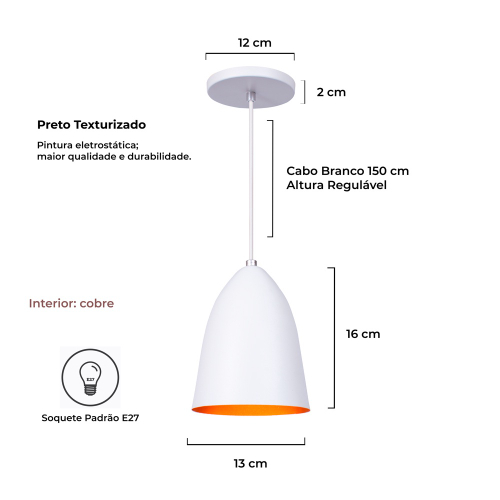 Kit Pendente Lustre Lumin Ria Cone Bala Branco Cobre Submarino