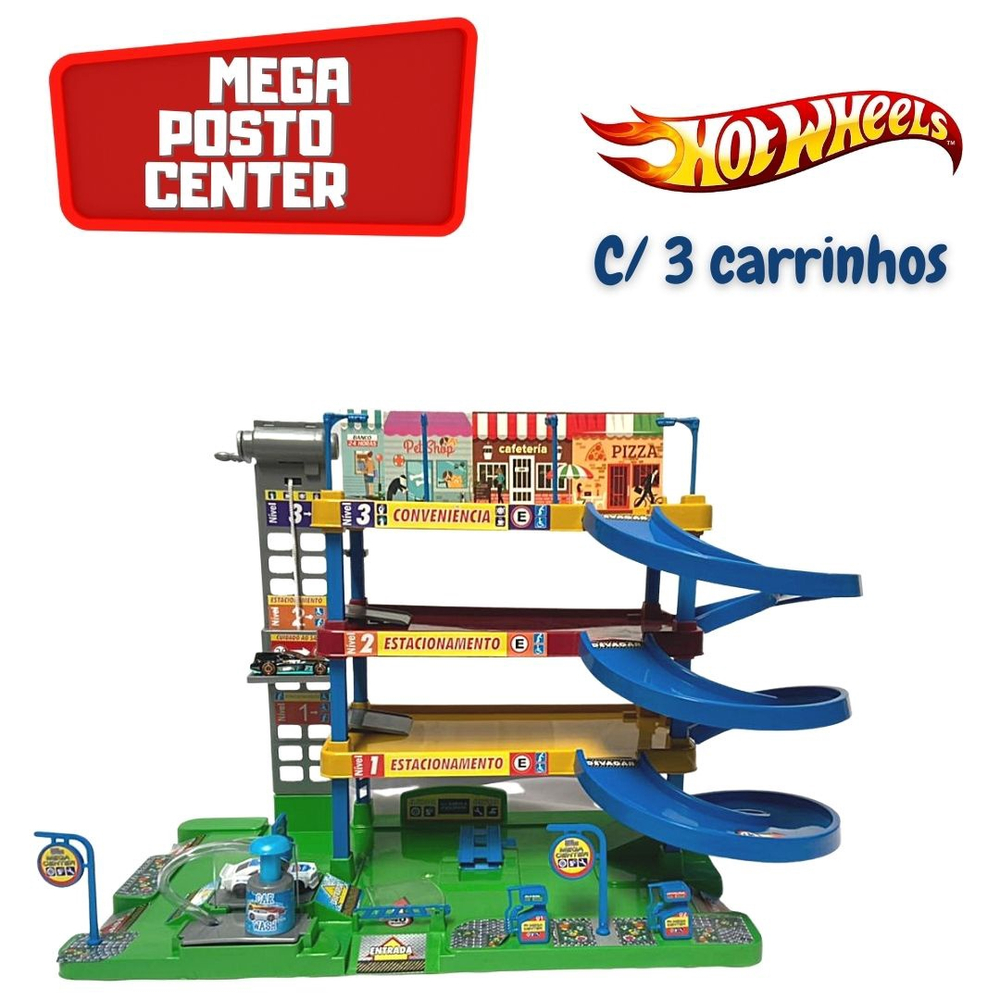 Pista Posto 2 Andares Para Carrinho Hotwheels Elevador E Carrinhos