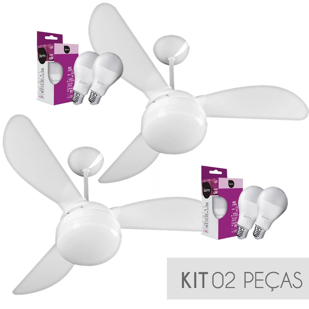 Kit Ventilador de Teto Ventisol Fenix Branco Cv3 02 Lâmpadas Led