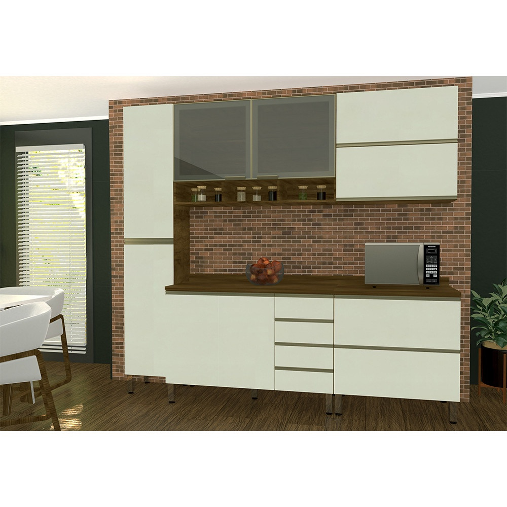 Cozinha Modulada Compacta 6 Peças Nogueira Dourado Kashmir Vidro