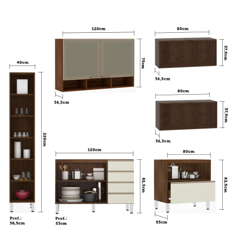 Cozinha Modulada Compacta 6 Peças Nogueira Dourado Kashmir Vidro