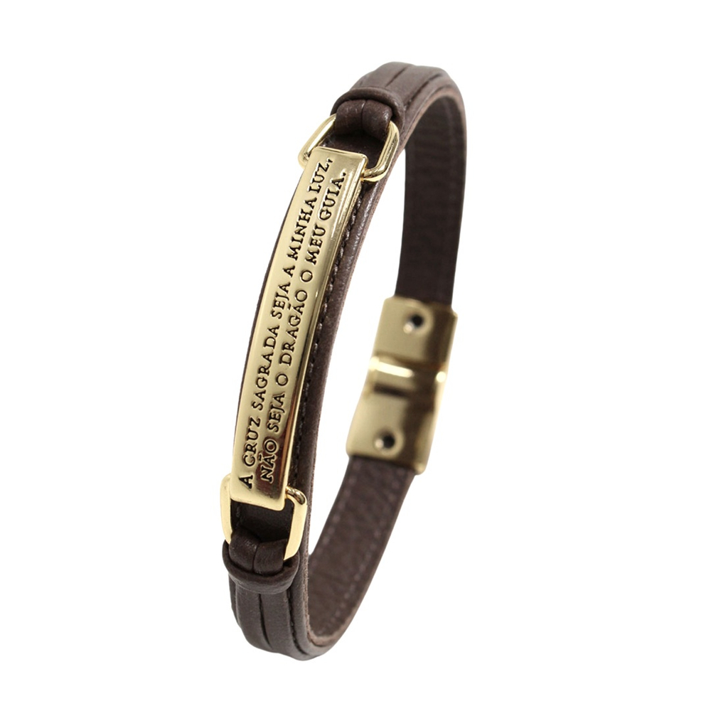 Pulseira De Couro Masculina Feminina Marrom Slim A Cruz Sagrada Seja