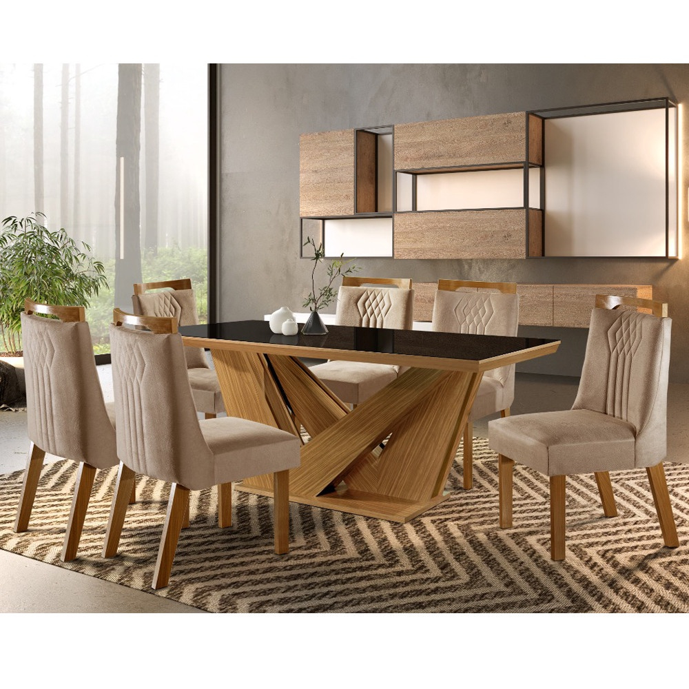 Conjunto Sala De Jantar Mesa Apollo Tampo MDF Vidro E 6 Cadeiras Dallas