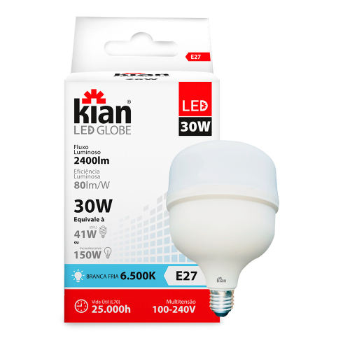 Kit 5 Lâmpadas Led 30w Bulbo E27 6500k Branco Frio Kian em Promoção