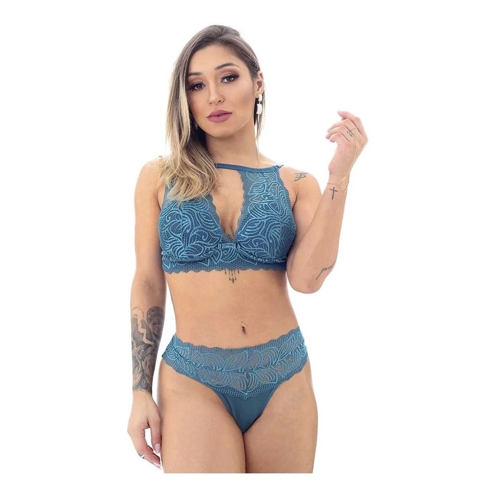 Conjunto Lingerie Feminino Cropped Sutiã e Calcinha Tipo Tanga Fio Duplo Renda Sobreposta