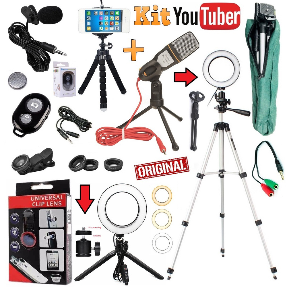 Kit Youtuber Microfone Mesa Lapela Tripé 1 30m Celular Câmera Universal