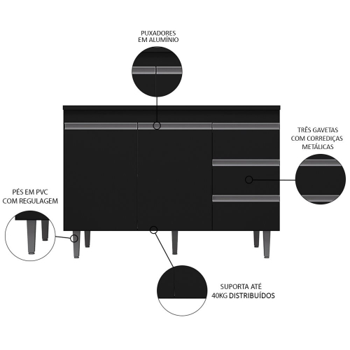 Balcão Gabinete Pia Inox 120cm 2 Portas 3 Gavetas Andréia Preto