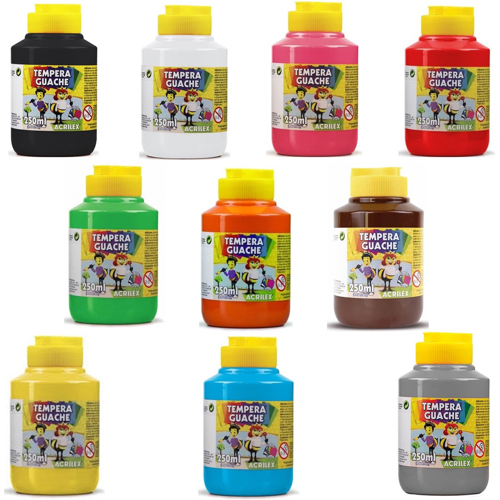 Kit Tinta Guache 250ml Tempera 10 Cores Básicas Escolar Acrilex Ensino