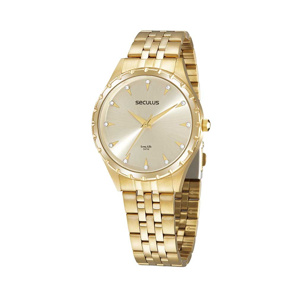 Relogio Feminino Seculus Dourado Grande Long Life A O Inox Strass