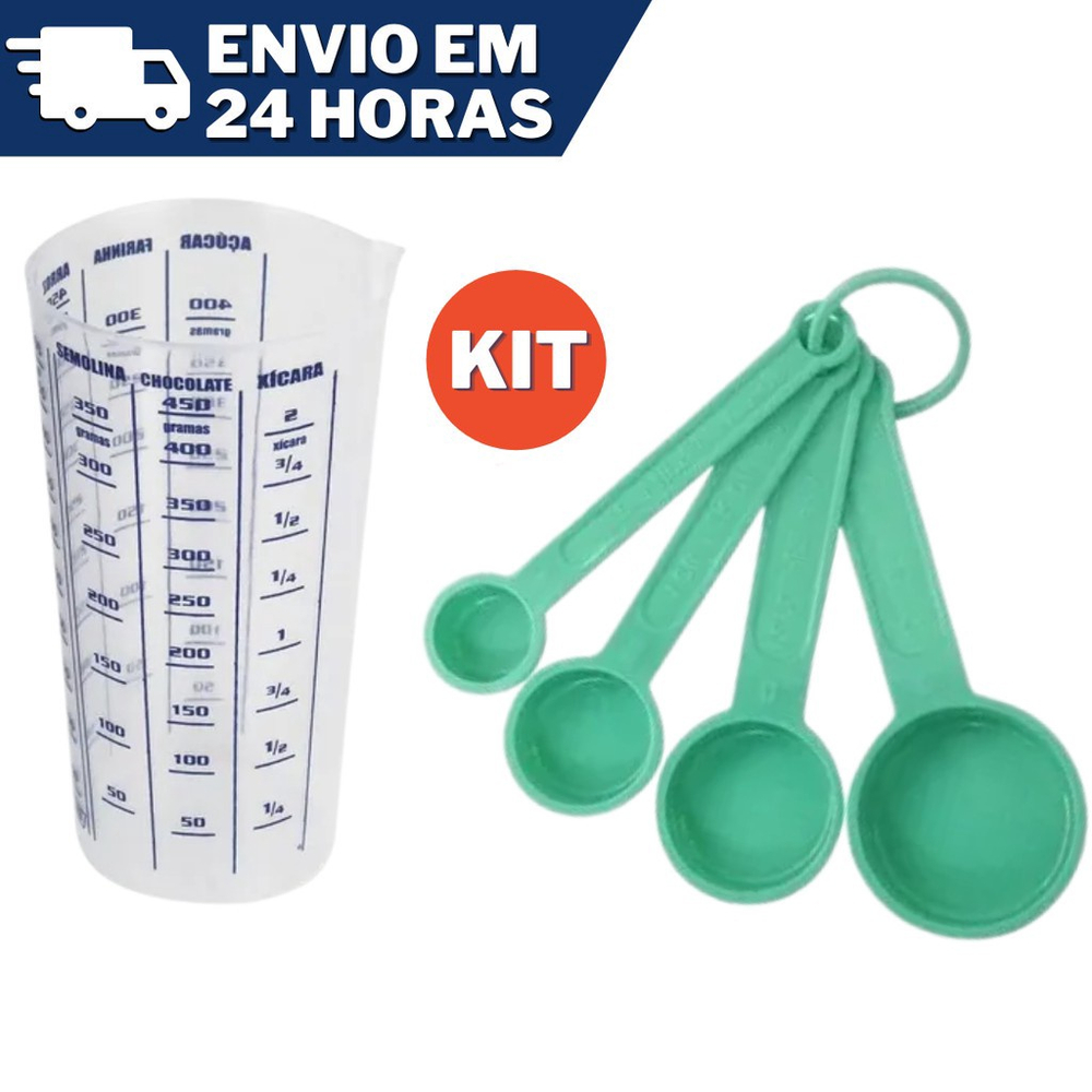 Kit Colher Medidora 4 medidas E Copo Medidor Plástico 500ml Submarino