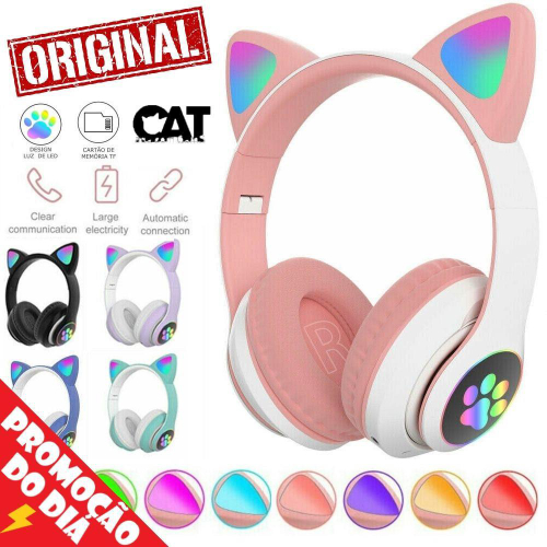 Fone Ouvido Bluetooth Sem Fio Cat Luz Led Rgb Orelha De Gato Em