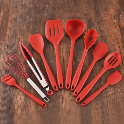 Jogo 10 Utensílios Silicone Vermelho Colher Concha Pegador em Promoção