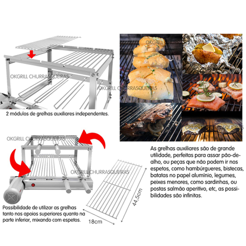 Churrasqueira Gira Grill Inox Espetos Grelhas Auxiliares Grelha