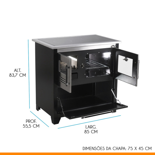 Fogão a Lenha Forno D 85 Cm Chapa Vitrocerâmica Caixa Lenha Aço