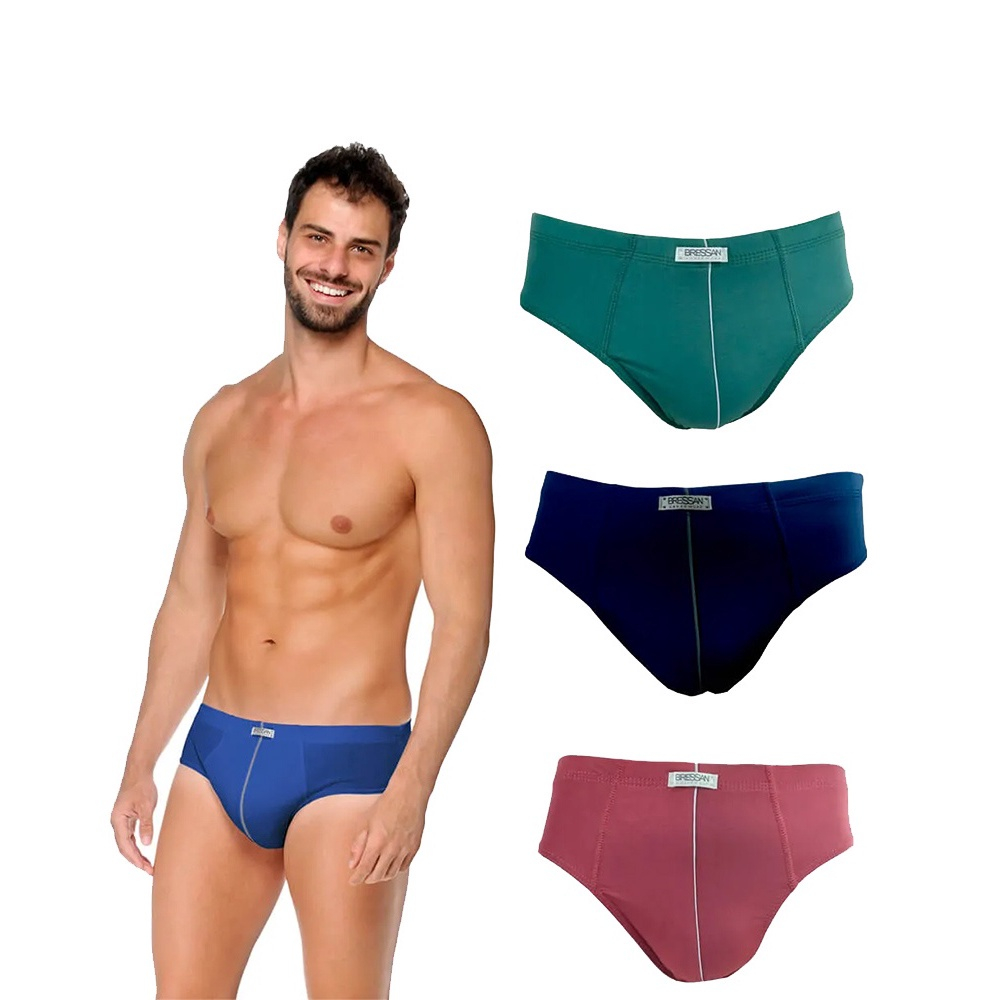 Kit 3 Cuecas slip em Poliamida Lisa Viés Frontal Bressan 520k