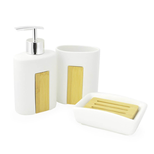 Kit Banheiro Lavabo 3 Peças Branco Detalhes Em Bambu Submarino