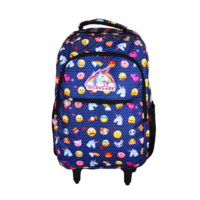 Mochila Escolar Notebook Rodinhas Emoji Carinha Zap Feminino Azul