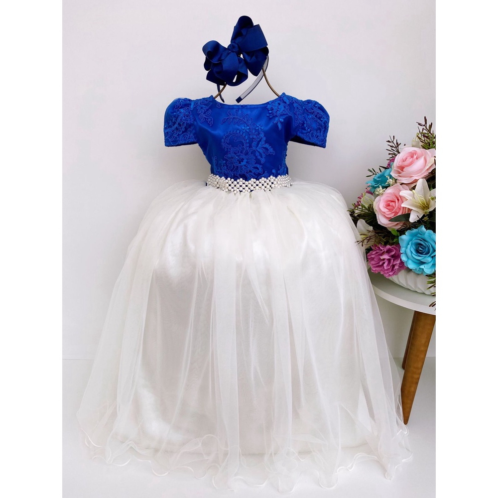 Vestido Longo Dama Branco Azul Royal Florista Infantil Luxo Submarino