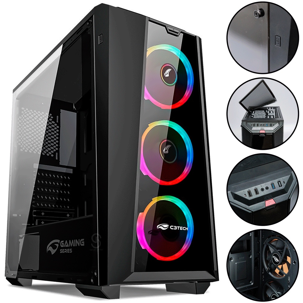 Gabinete Gamer Mid Tower USB 3 0 3 Fans rgb Lateral em Acrílico no