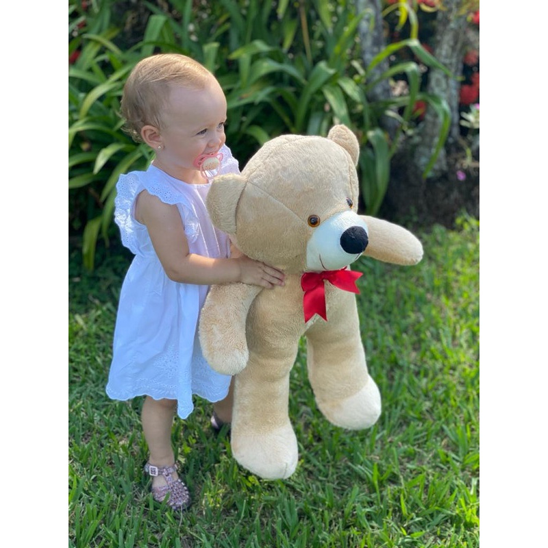 Urso Gigante Pelúcia Grande Teddy 65 Cm Doce de Leite Laço