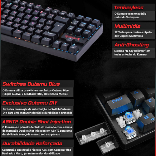 Teclado Redragon Kumara K552 RGB ABNT2 Gamer Mecânico Switch Blue Full