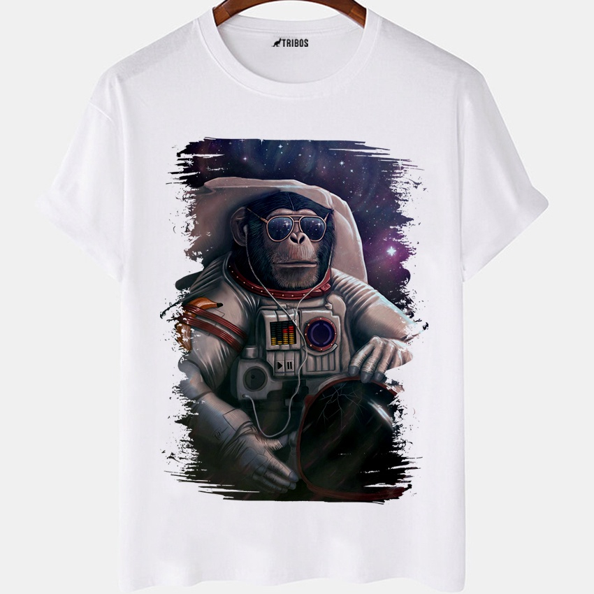 Camiseta masculina Espaço Macaco Astronauta Swag Camisa Blusa Branca