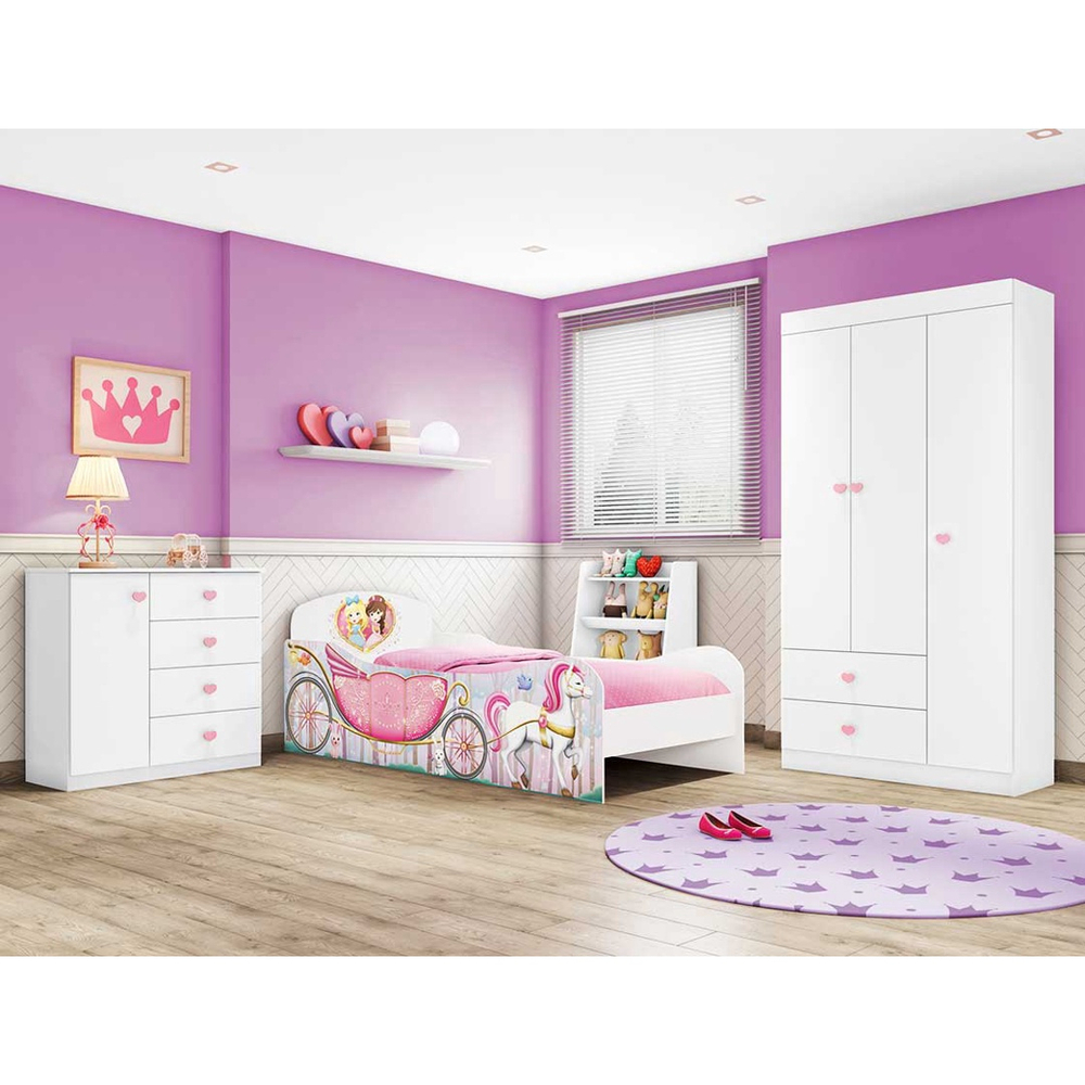 Quarto Infantil completo Cama Princesas Cômoda e Guarda Roupa 100