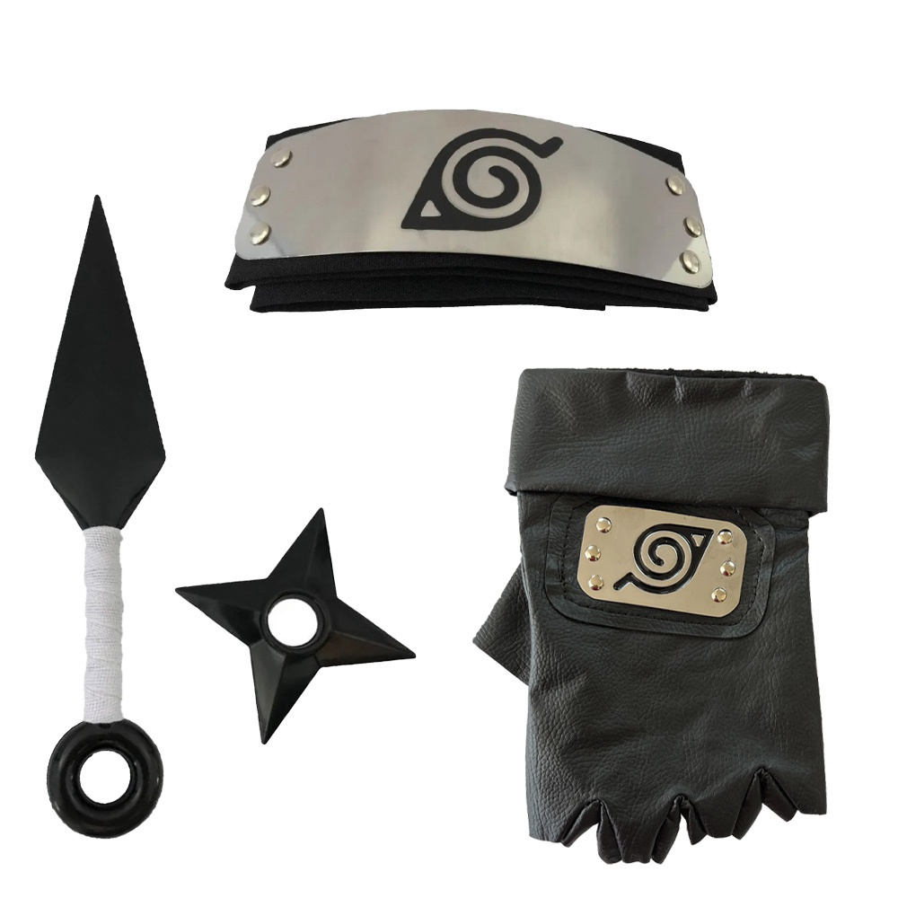 Kit Naruto Luva Couro Kakashi Bandana Folha Kunai E Shuriken No Shoptime