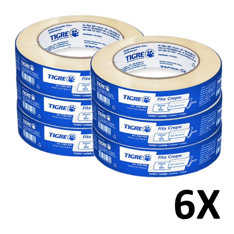 Kit 6 Fita Crepe Uso Geral Pintura 24mmX50m Tigre Submarino